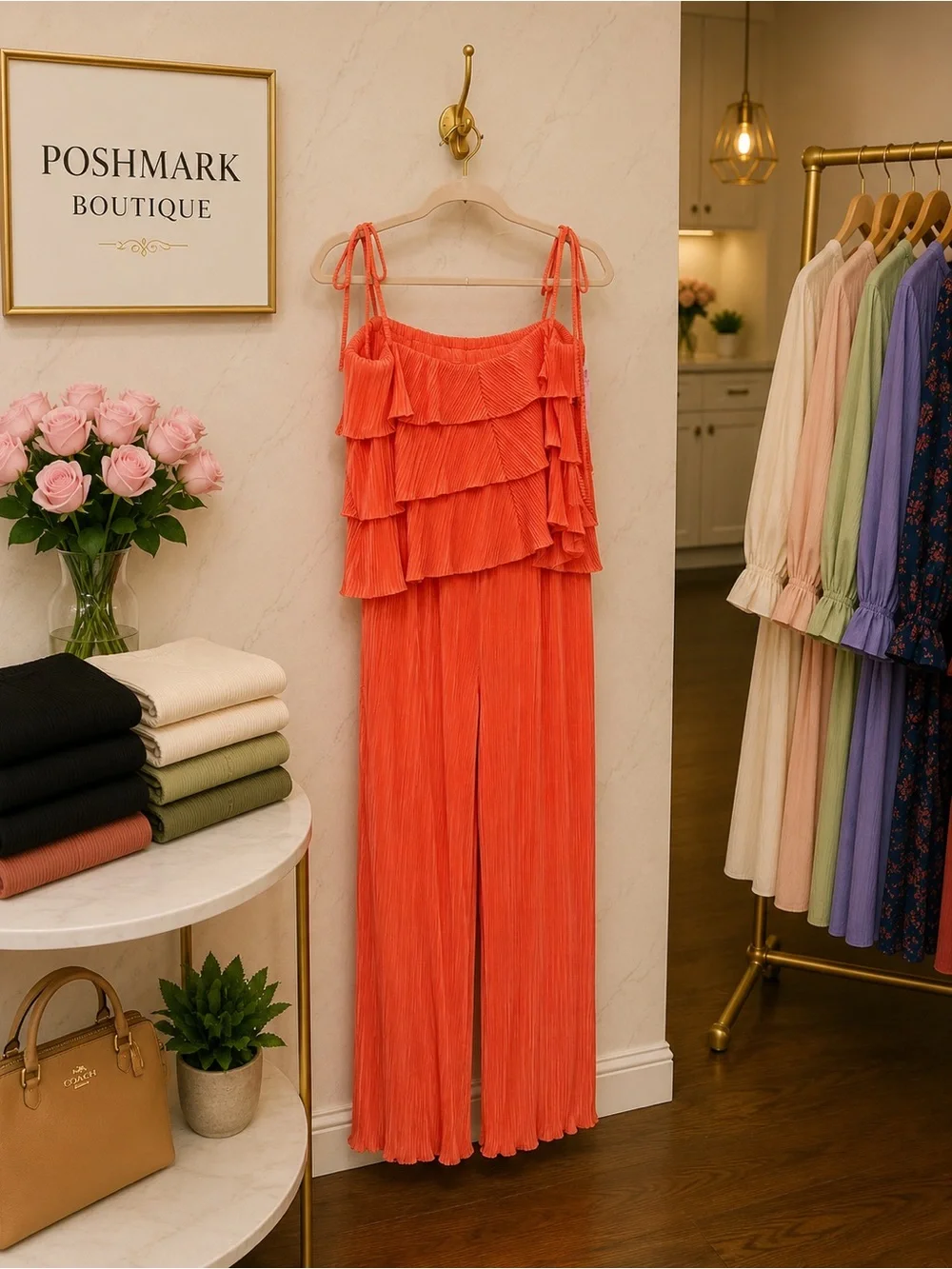 Boutique Coral Pleated Ruffle Tie Strap Wide Leg Matching Set